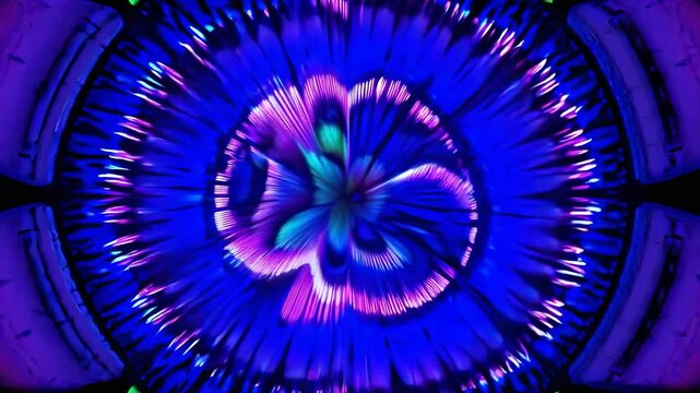 A vibrant pattern of colorful lights forms an abstract design. The colorful lights emphasize symmetry with bold hues and intricate details in the pattern.