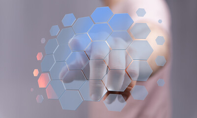 Abstract image of a hand interacting with a futuristic hexagon interface.  Perfect for tech, innovation, and connection concepts.