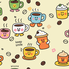 Happy Coffee Break Vector with Funny Mugs and Coffee Beans 