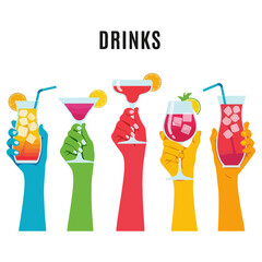 Colorful hands holding various cocktails and drinks.