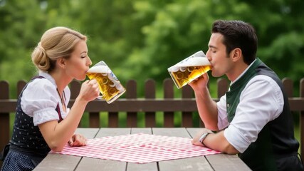 A man and woman in traditional german attire drinking beer at an outdoor table together outside now 100