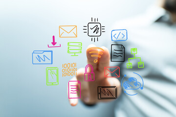 Hand interacts with digital icons,network, data, connection, technology, innovation, communication, security, cloud, future