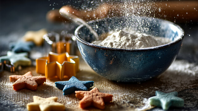 Festive baking scene with star-shaped cookies, cookie cutters, and a bowl of flour being dusted with more flour. Get ready for the holidays!