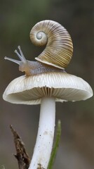 Snail on Mushroom: A whimsical close-up of a snail perched atop a mushroom in a forest setting.