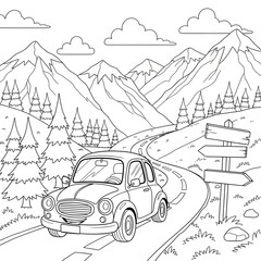 Fototapeta premium Car coloring page. Cute cartoon vehicle illustration. Friendly car driving on a winding mountain road with pine trees and direction signs. Perfect printable activity sheet for kids.