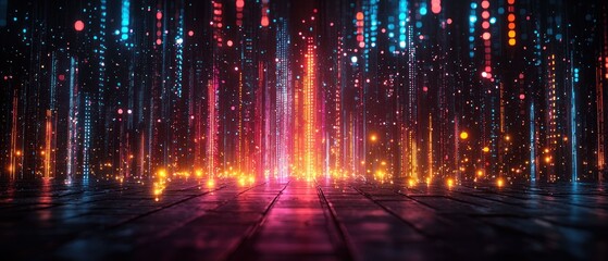 Fototapeta premium Abstract Digital Rain: Neon Lights and Glowing Particles