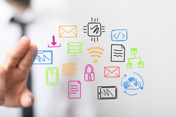 Hand interacting with colorful digital icons,data, network, cloud, communication, technology, connection,  digitalization, innovation