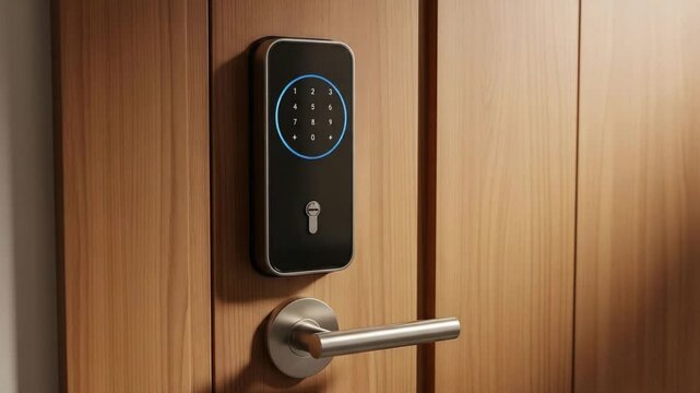 Smart Lock on Wooden Door - Modern Security Technology.
