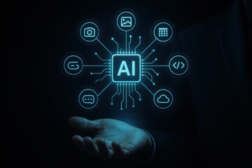 Businessman holding holographic artificial intelligence ai core with technology icons digital innovation and automation
