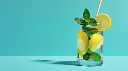 A glass of refreshing lemonade with mint leaves, placed on a pastel blue background. Minimal, clean style with space on the right for text