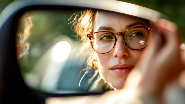 Driver adjusting mirror, reflecting light. Focused, wearing glasses, looking ahead with calm confidence. Sunny day, blurred background. - Powered by Adobe