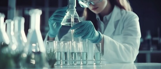 Scientist conducts research in a laboratory setting, meticulously pouring liquid into test tubes, a critical part of scientific experimentation and discovery.