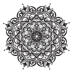 Intricate Black and White Floral Mandala Design with Symmetrical Ornamentation