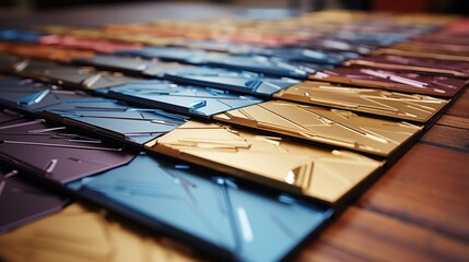 Abstract Geometric Tiles: Golden, Blue, and Copper