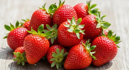 fresh ripe strawberries piled on wood table