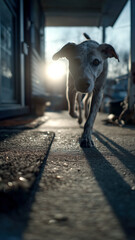 Energetic dog running towards the camera on a porch, bathed in the glow of the setting sun, creating long, dramatic shadows.