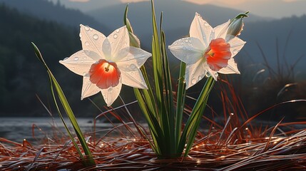 Sunlit Daffodils with Dewy Petals