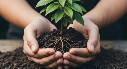 hands holding young green plant with rich soil