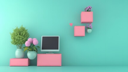 Pastel Pink Computer Setup with Plants and Minimalist Decor