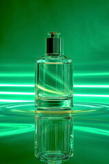 Elegant glass bottle with reflective green background. A modern and abstract presentation.