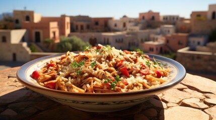 Rice dish against cityscape background view