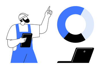 Male worker in uniform with tablet pointing at data chart near laptop. Ideal for construction, analytics, training, digital transformation, teamwork, workplace productivity, simple flat metaphor