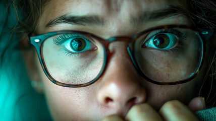 Intense gaze through glasses, illuminated by a blue screen. Focus on anxiety and concentration. Close-up eye detail.