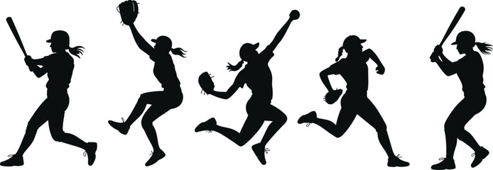 Set of active women softball and baseball players in various poses, black silhouettes of batting, pitching, running, and fielding, a vector collection
