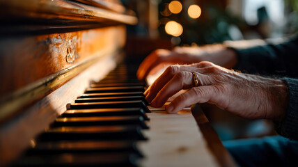 Close-up of a person's hands playing a vintage piano, bathed in warm light. Evokes feelings of nostalgia and musical expression.