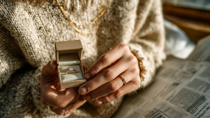 Close-up of a person's hands holding a ring box with a diamond ring, symbolizing love, commitment, and special moments.