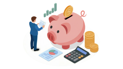 Smart businessman saving coins in piggy bank for financial growth and success