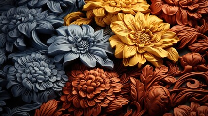 Colorful floral relief sculpture close-up shot