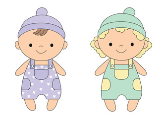 Baby boys. Set of babies. Cute cartoon babies. Newborns in hats and overalls. Smiling baby dolls