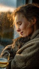 A girl embraces her sleeping tabby cat by a rain-streaked window, bathed in warm light. Cozy indoor moment of love and companionship.