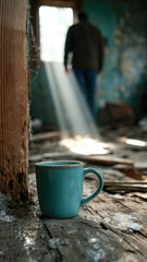 Warm beverage in a blue mug on weathered wood, with a person walking through sunlit doorway in the background.