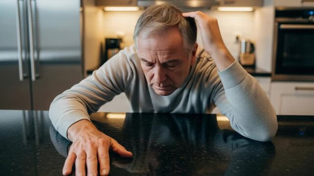 Contemplating Mature Man Leaning on Kitchen Counter with Worried Expression