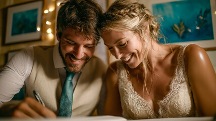 Newlyweds signing marriage documents, beaming with joy. An intimate moment of commitment and love as they start their life together.