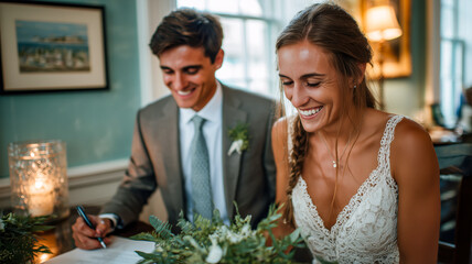 Newlyweds share a joyful moment as they officially become husband and wife while signing the wedding documents.