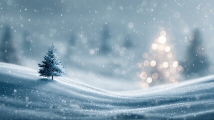 Minimalist Christmas snowy hill with soft bokeh stars, faint glowing tree in background, dreamy cinematic winter backdrop