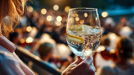 Refreshing drink with lemon slices held up at outdoor event with a blurred audience in background and beautiful bokeh effect