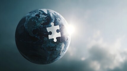 Planet Earth depicted as a puzzle with a missing piece against a bright cloudy sky representing global connection and