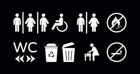 All gender restroom signs set. Gender neutral toilet icons. Left and right arrows. No Smoking. Trash Can, rubbish bin. Vector flat pictogram collection for web, mobile app, office, mall, restaurant.	