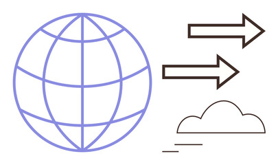 Globe with intersecting lines representing global connectivity, arrows indicating movement, cloud symbolizing data or storage. Ideal for communication, technology, internet, cloud storage