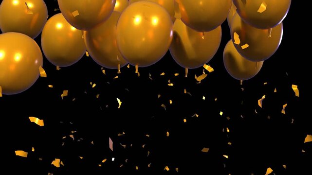 3D render of golden balloons floating upward, perfect for birthday or holiday celebration concepts. Video with alpha channel