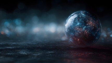 A glowing sphere with intricate digital patterns rests on a dark textured surface with bokeh lights