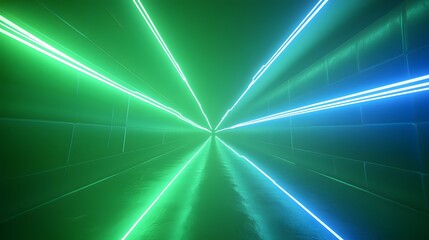 A futuristic tunnel with vibrant green and blue neon lines illuminates the path, showcasing an abstract and dynamic design.
