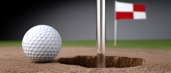 Obraz premium Golf ball near hole on a green course with flag in the background during late afternoon