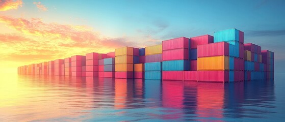 Colorful Cargo Containers at Sunset: Global Trade and Transportation