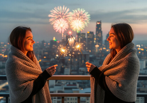 Two women celebrating with sparklers on a rooftop at night. Friends watching fireworks over the city skyline. New Year's Eve holiday party concept. - Powered by Adobe