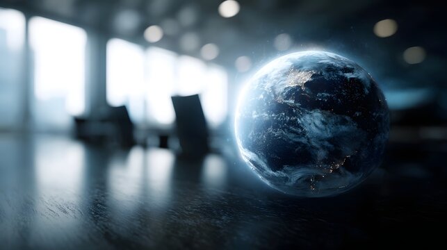 A glowing holographic Earth floats above a table in a modern office meeting room